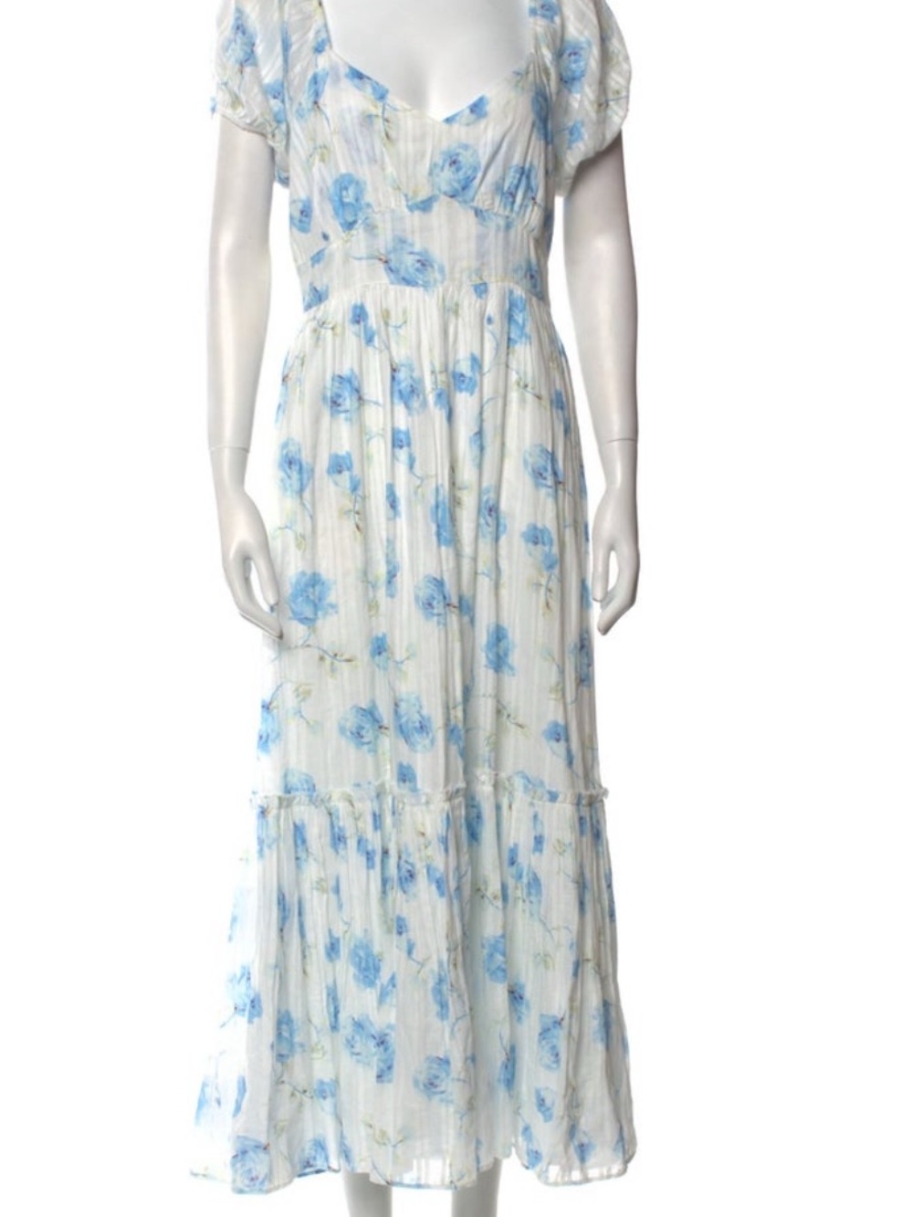 LoveShackFancy White Maxi Dress with Blue Floral Print